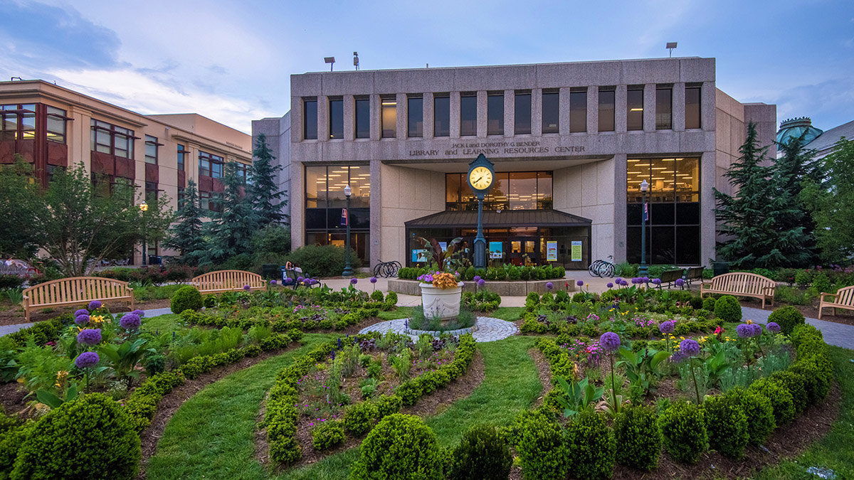 Front Bender Library during Spring with front Garden at early Evening