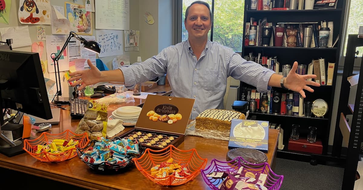 Professor Fedyashin offers students Eastern European Halloween candy on his office desk.