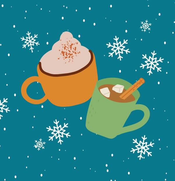 Two mugs of hot cocoa surrounded by snowflakes