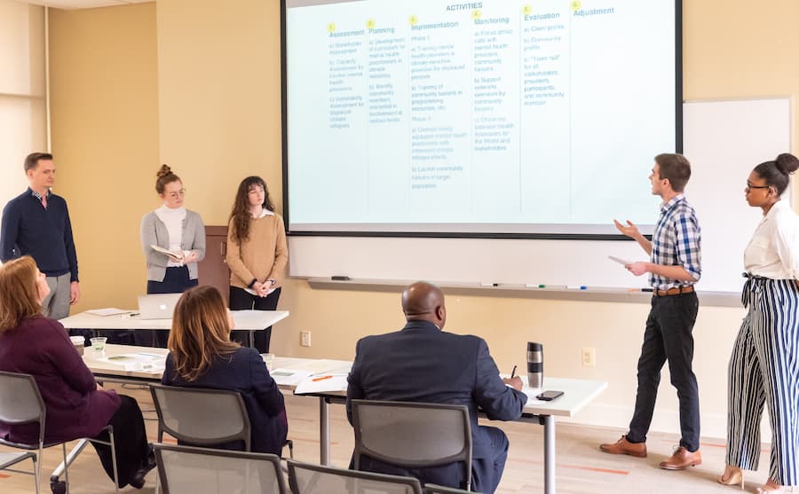 5 AU health students presenting to panel of CASE competition judges.