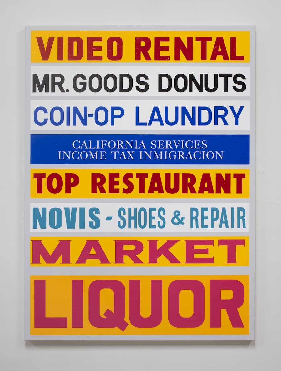 Mark Kelner, Strip Mall Landscape XVII, (Pasadena, California), 2023. Strip mall sign advertises video rental, donuts, coin laundry, tax preparer, restaurant, shoe repair, market, and, the largest, liquor. 