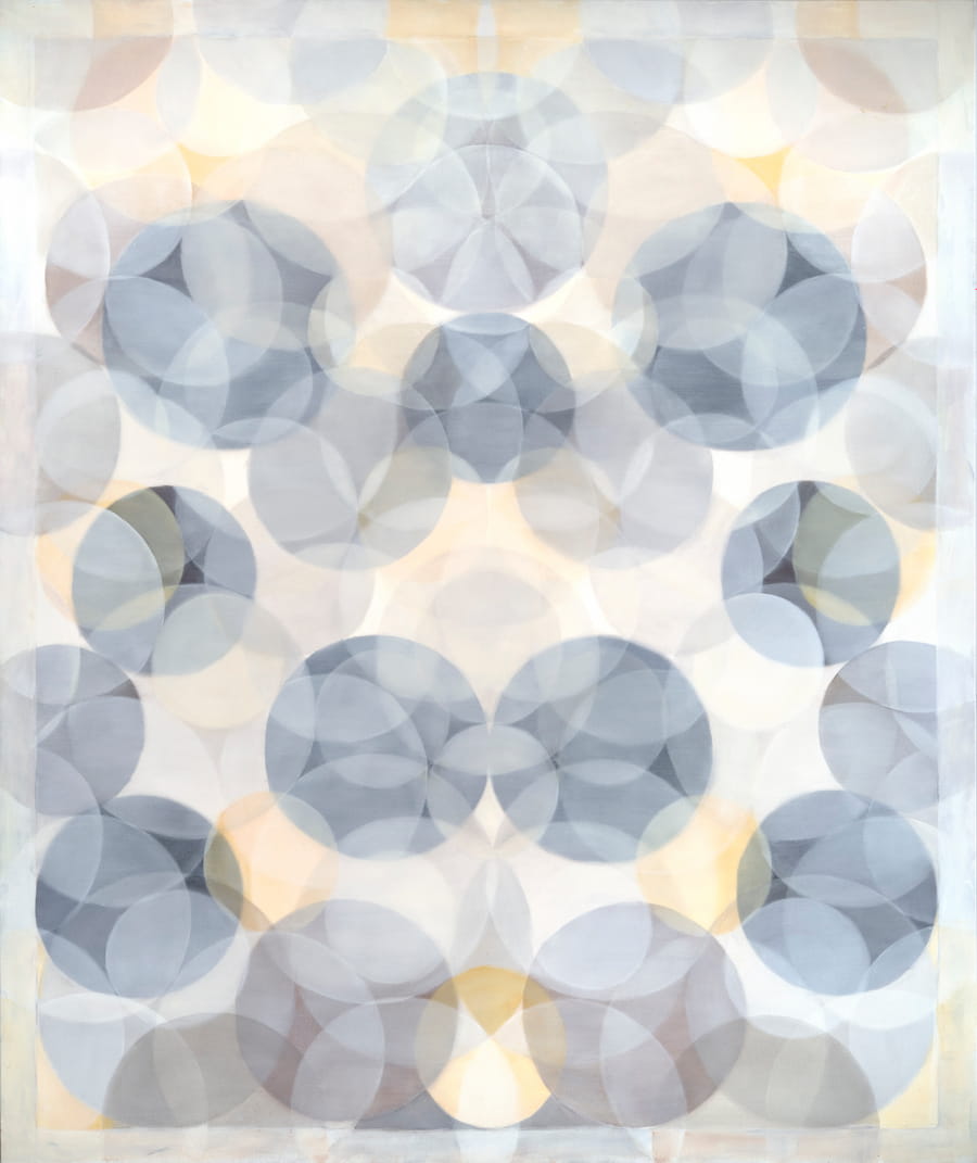 Mira Hecht, Gratitude, 2023. Overlapping circles of black, brown, gold and white in varying opacities. 