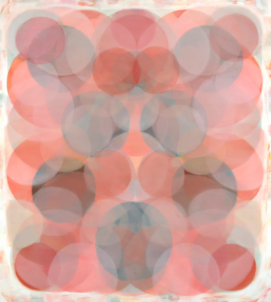 Mira Hecht, Luminous Heart, 2021. Overlapping circles of pink, red, black, white in varying opacities. 