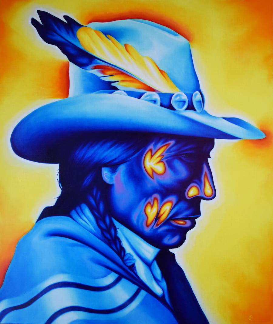 Robert Martinez (Northern Arapaho), Old Stories, 2022.  Airbrushed acrylic and oil on linen 30 x 36 inches.