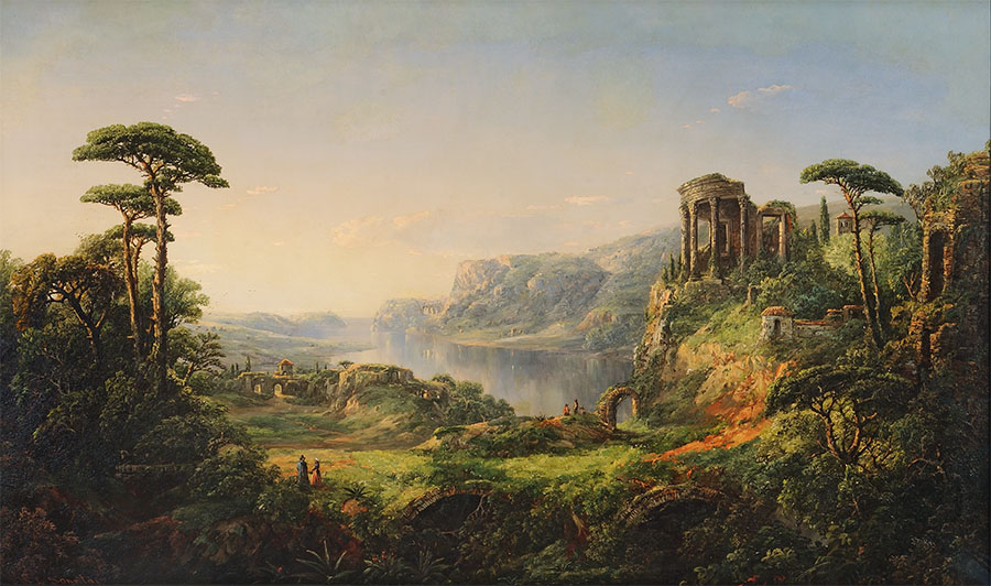 William Louis Sonntag, Classic Italian Landscape with Temple of Venus. Trees, ruins, houses, with river in background. 