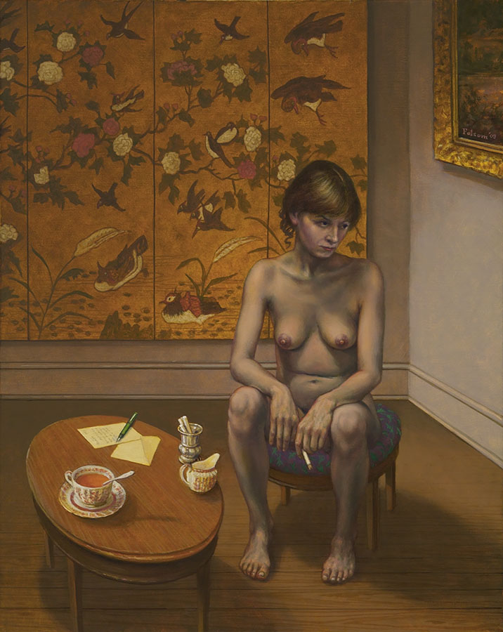 Fred Folsom, Cold Tea, 2008. A nude woman smoking beside a coffee table with a half written letter and a teacup on the opposite side in a luxuriously decorated room.