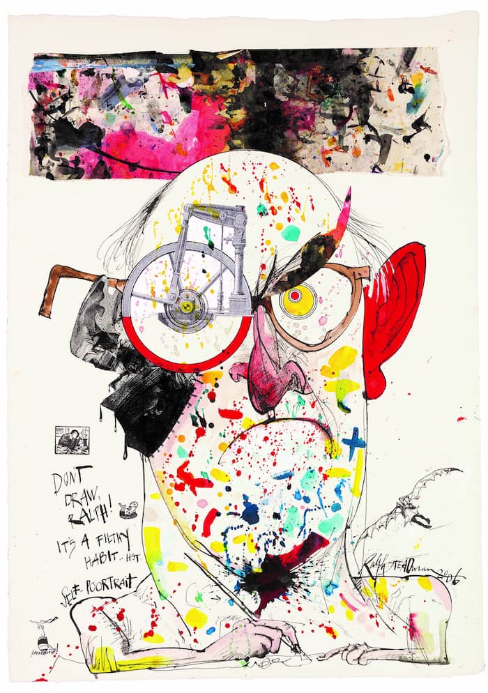 Ralph Steadman, Self-Poortrait – Don’t Draw Ralph! It’s a Filthy Habit…, 2006. Ink and collage on paper, 23.43 x 14.96 inches. Courtesy of the Ralph Steadman Art Collection. 