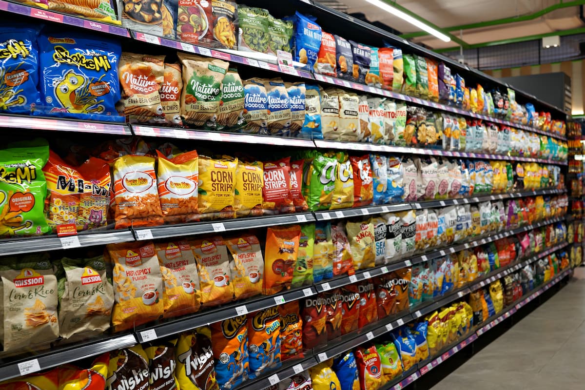 Snack aisle in supermarket