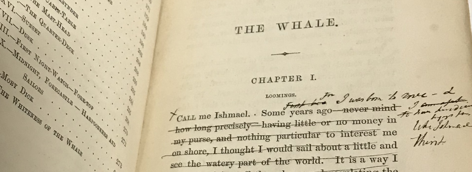 Ink markings appear in the first chapter of the rare 1853 edition copy of "The Whale"—definitively titled "Moby-Dick."