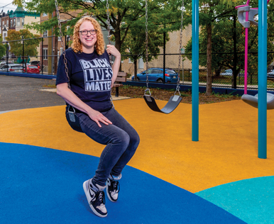 Katherine Streit on a swing in Philly