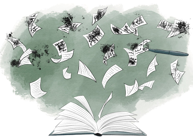 pages with ink blots and words fall into a book