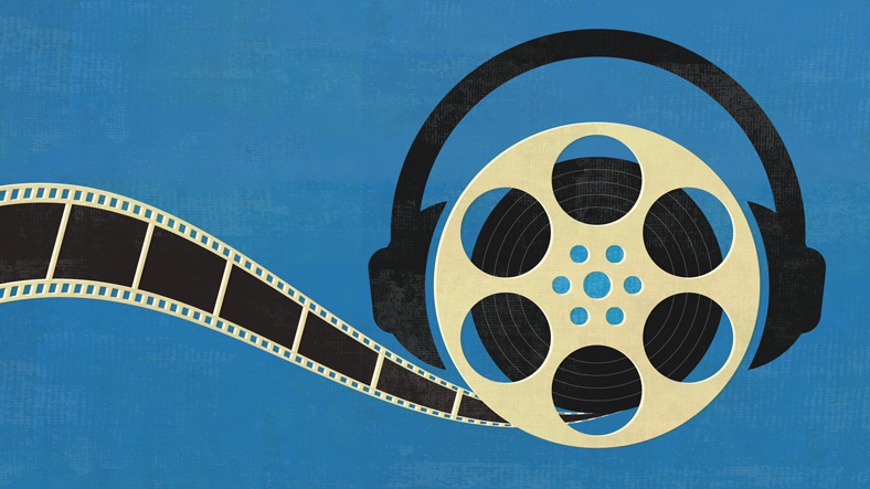 film reel with headphones