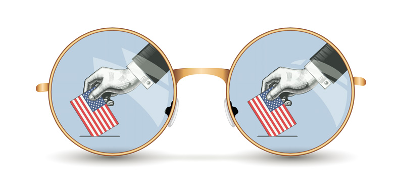 An illustrated pair of glasses shows a ballot being cast