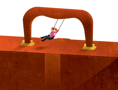 A woman swings on a swing attached to the handle of an illustrated briefcase