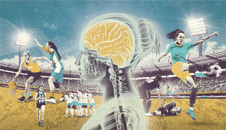 Collage of illustrated female athletes, centered by a women's soccer player's brain