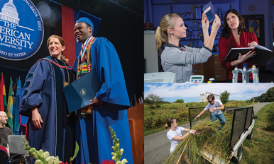 collage of students at commencement, in the science lab and volunteering