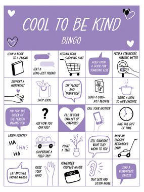 bingo card with acts of kindness like "shop local" and "raise your hand"