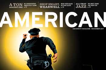 cover of November 2017 issue of American magazine with police officer running in the dark