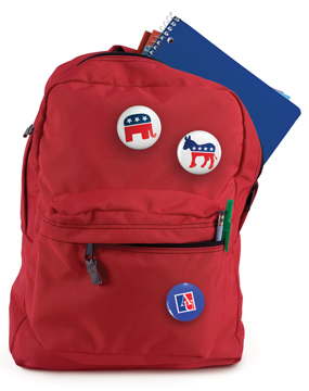 backpack with donkey and elephant buttons