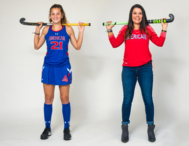 Aidan Rossman and Abbie Rossman hold field hockey sticks over their shoulders