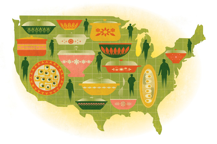 map of the US with casserole dishes over it