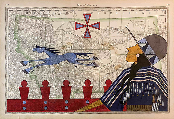 John Isaiah Pepion (Blackfeet), Backbone, 2022. Ink on antique Montana map 28.5 x 22.5 inches (framed).