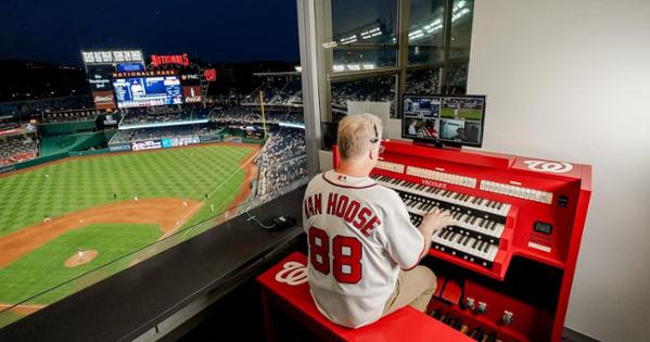 Matthew Van Hoose plays the organ during a recent night game at Nationals Park. Courtesy of the Washington Nationals Baseball Club.