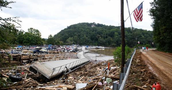 Hurricane Helene damage to Lake Lure, North Carolina. Image from Getty.