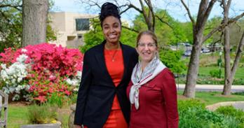 Ekua Hudson (left) with AU President Sylvia Burwell. Photo by Jeff Watts.