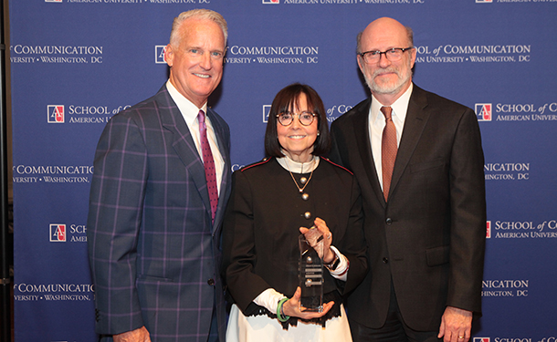 AU Board of Trustees Chairman Jack Cassell, Susan Zirinsky, and SOC Dean Jeff Rutenbeck at SOC's 25th Anniversary Celebration.