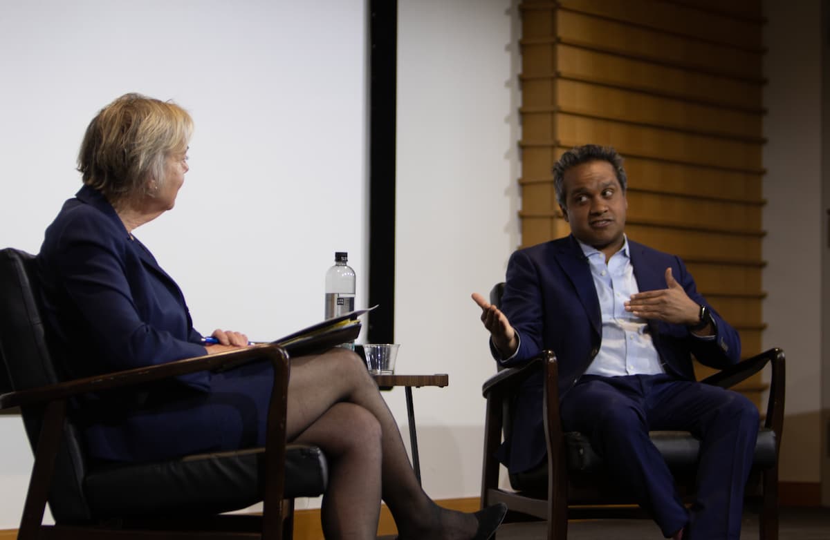 Jane Hall with Manu Raju at an American Forum