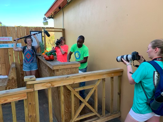 Students on location filming in the Bahamas