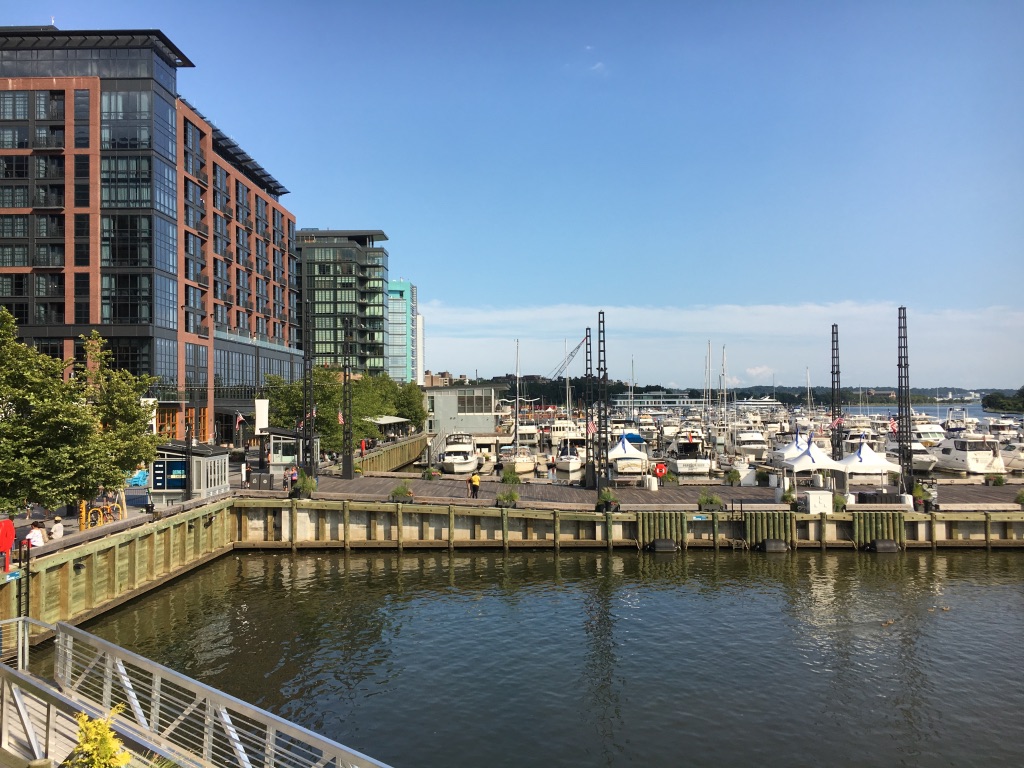 Southwest DC Wharf with apartment buildings overlooking ships on dock.