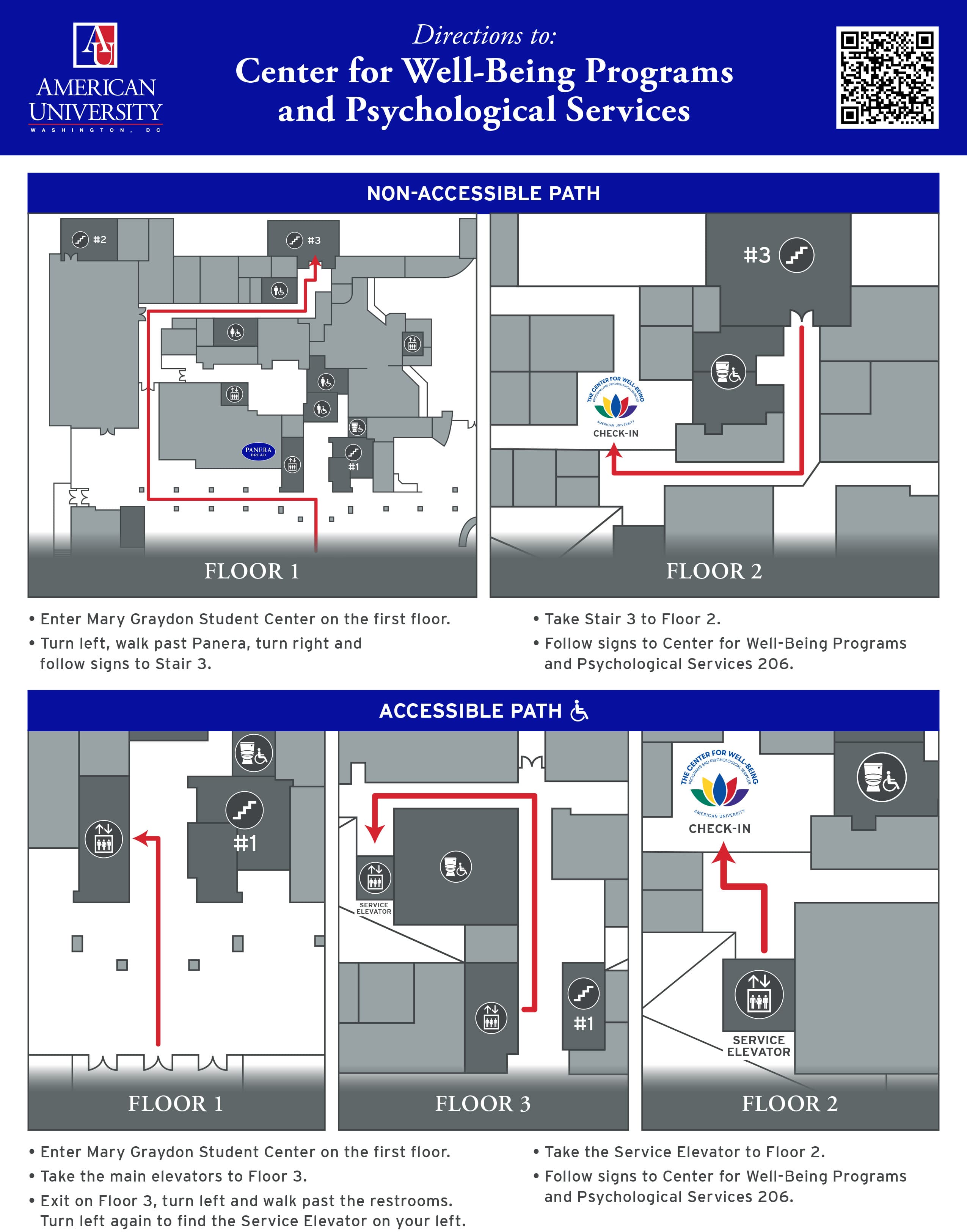 Accessible path. Enter MGC on first floor. Take the main elevators to Floor 3. Exit on Floor 3, turn left and walk past restrooms. Turn left again to find the Service Elevator on your left. Take the Service Elevator to Floor 2. Follow signs to 206.