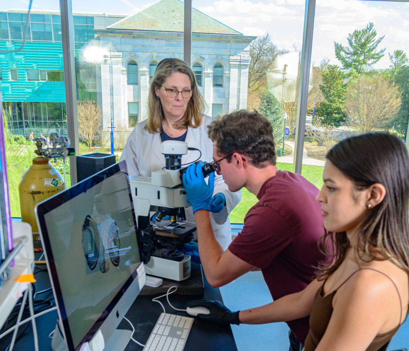 Students conduct labwork under guidance of a professor