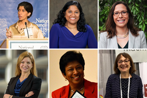 Collage headshots of Seema Khan, Esther Benjamin, Laura Rosenberger, Dawn Miller, Vidyamali Samarasinghe, and Nanette Levinson