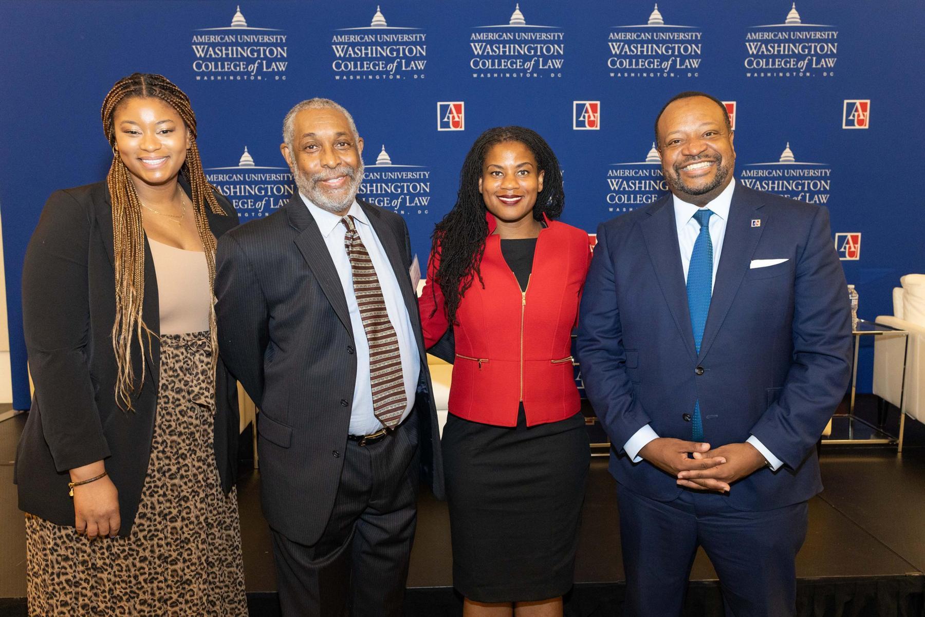 Left to right: Tanner Harris ’24, BLSA President, Sylvania Woods Jr., Senator Lydia Edwards ’06 and Dean Fairfax 