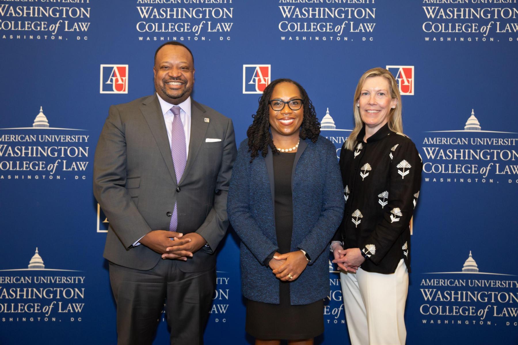 Dean Roger A. Fairfax (left), Senior Associate Dean Heather Hughes and Supreme Court Justice Ketanji Brown Jackson